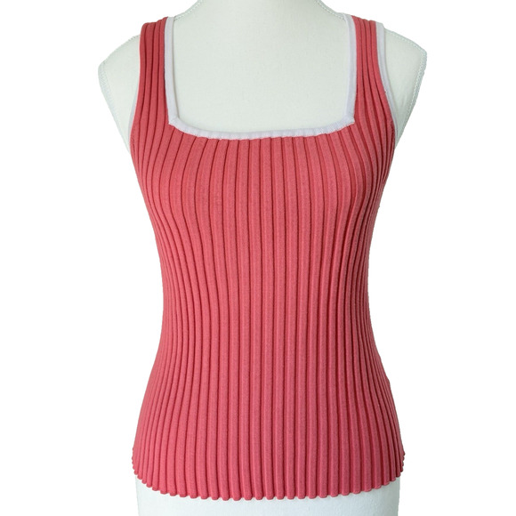 BELLDINI Ribbed Tank Top Size Large | Pink White Trim Stretchy Y2K Barbiecore - Picture 2 of 11